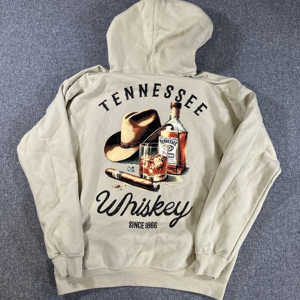 Tennessee Whiskey Hoodie Mens M Beige Graphic Pullover Western Cowboy